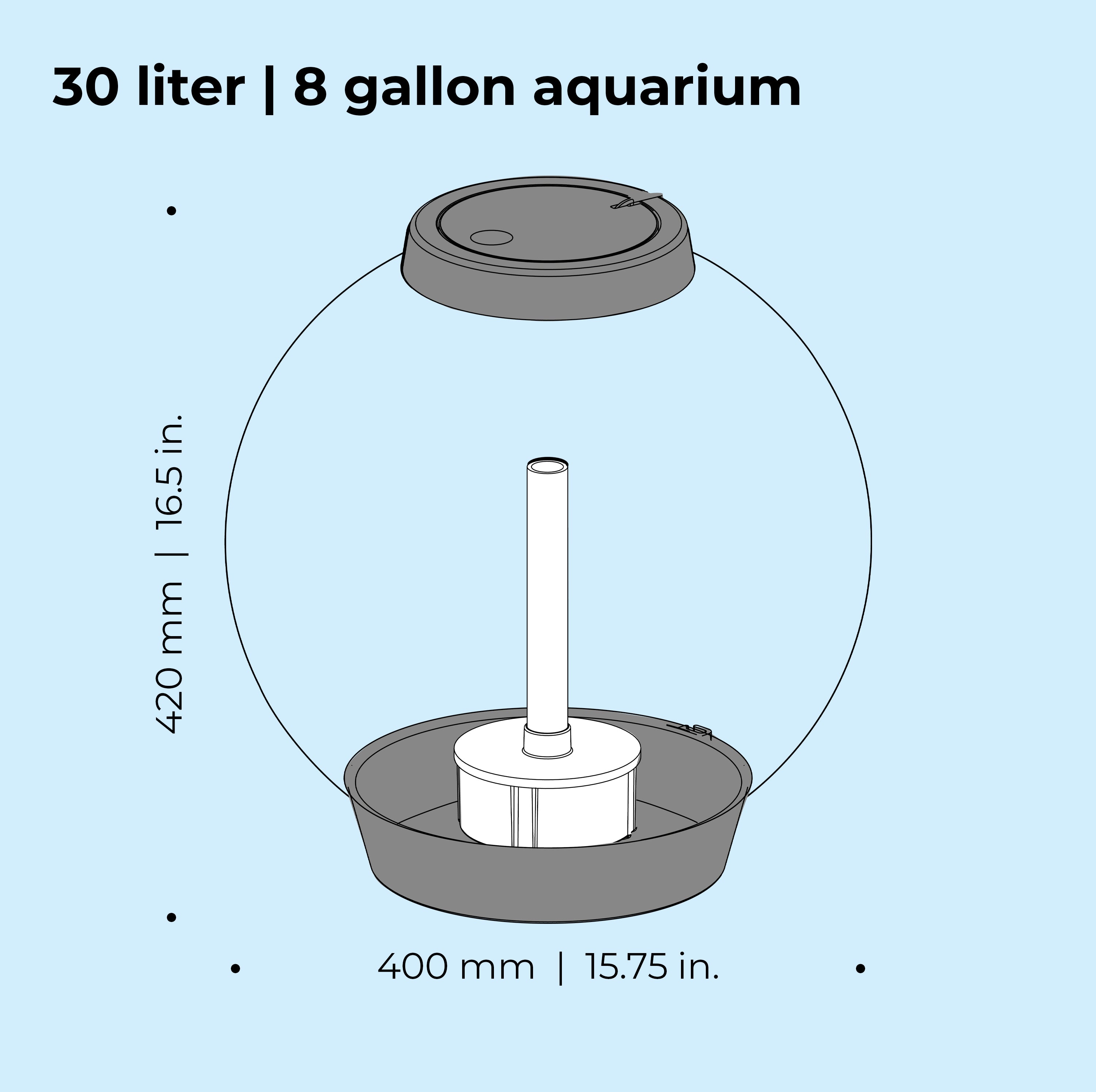 CLASSIC 30 Aquarium with Standard Light - 8 gallon, 30 liter dimension chart