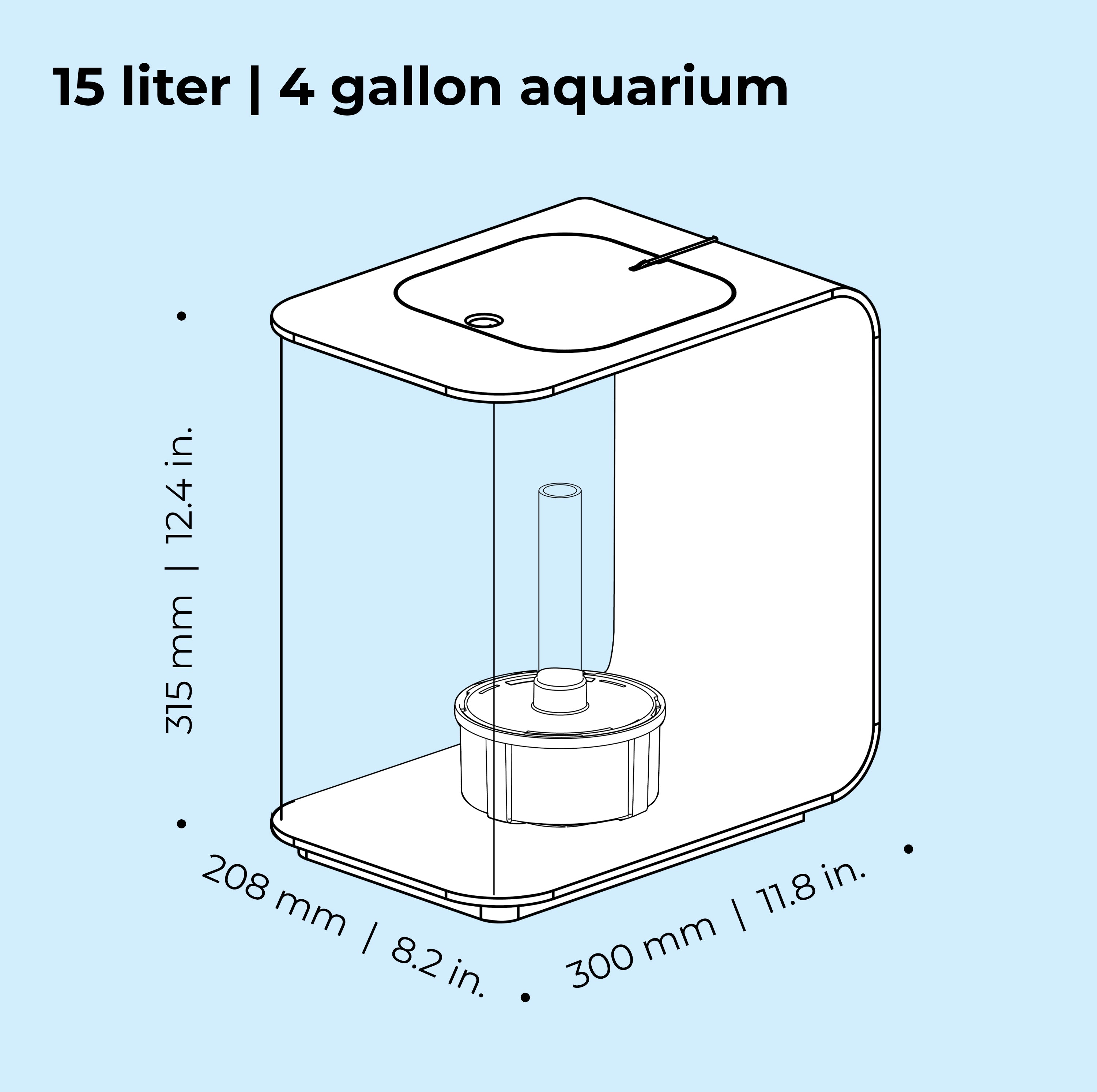 FLOW 15 Aquarium with Standard Light - 4 gallon, 15 liter dimension chart