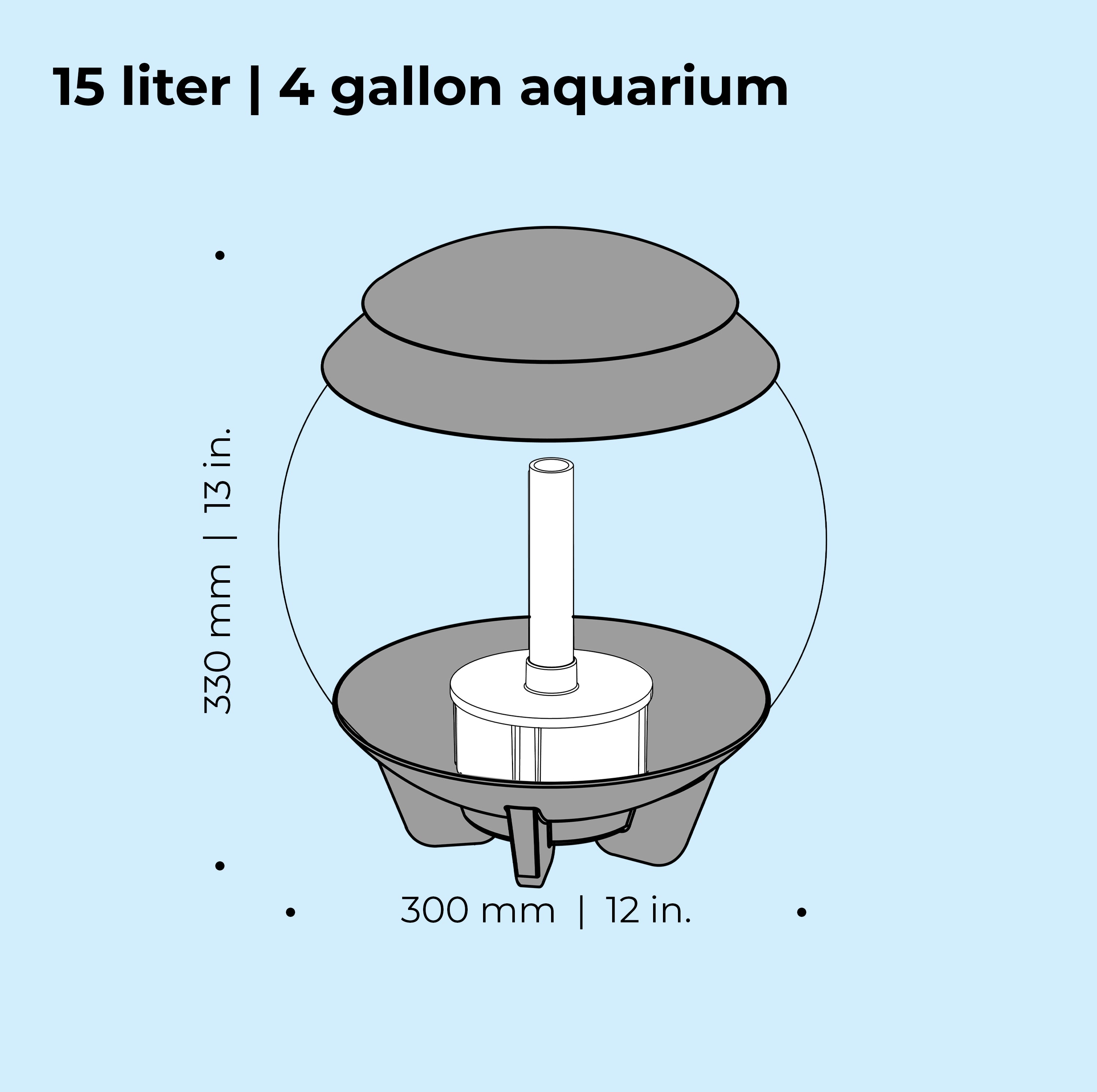 HALO 15 Aquarium with MCR Light - 4 gallon, 15 liter dimension chart