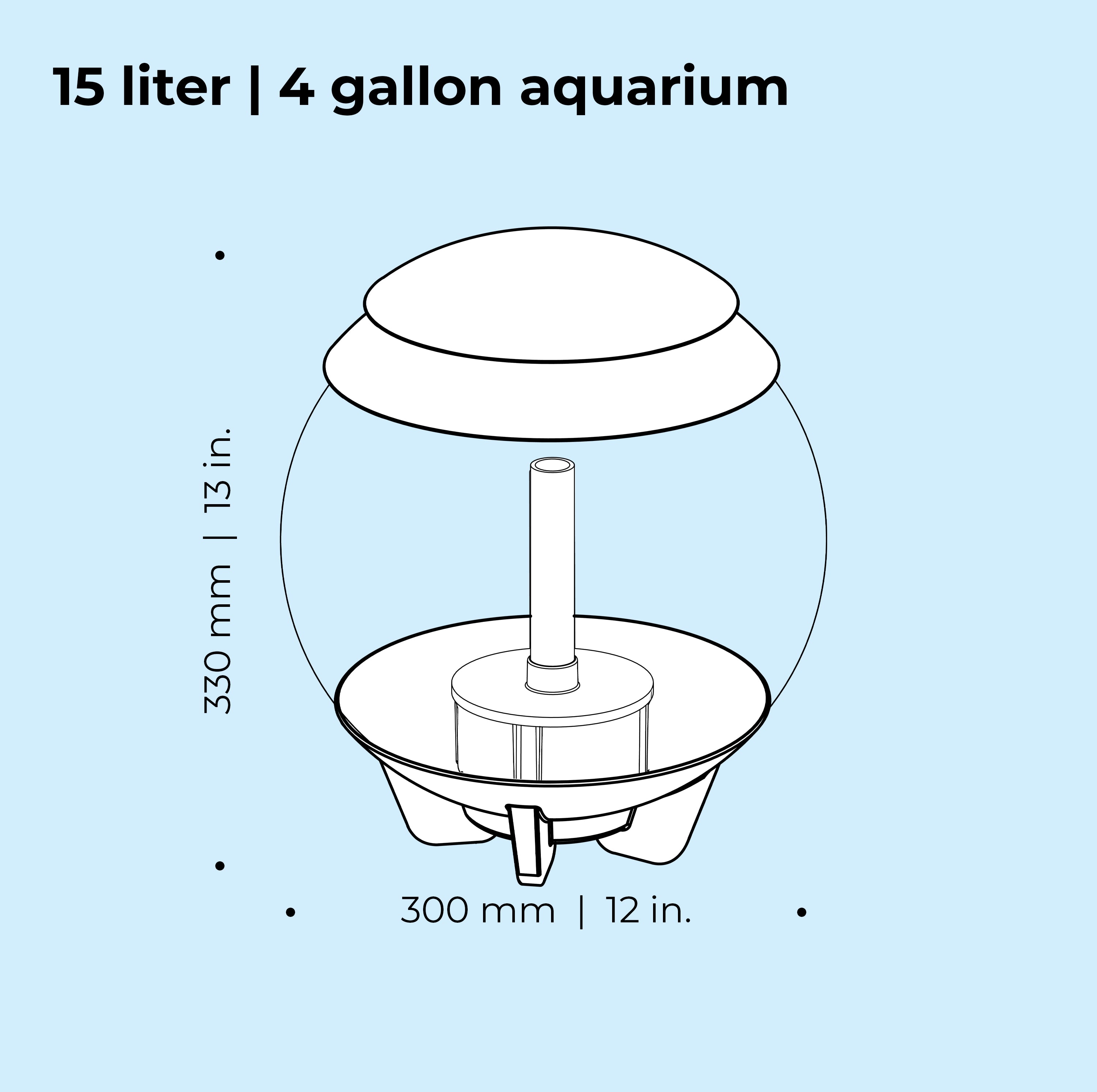 HALO 15 Aquarium with MCR Light - 4 gallon, 15 liter dimension chart
