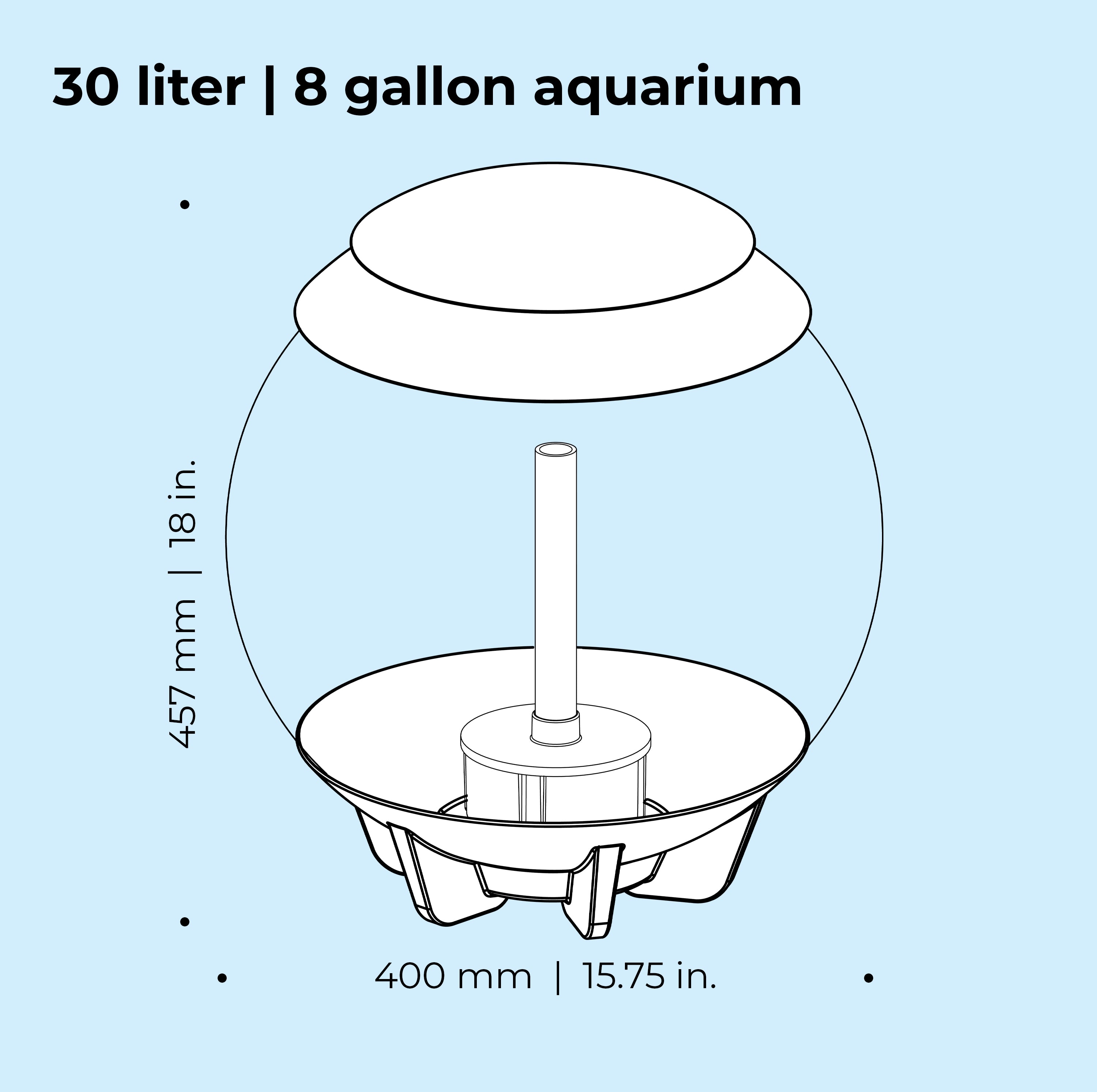 HALO 30 Aquarium with MCR Light - 8 gallon, 30 liter dimension chart