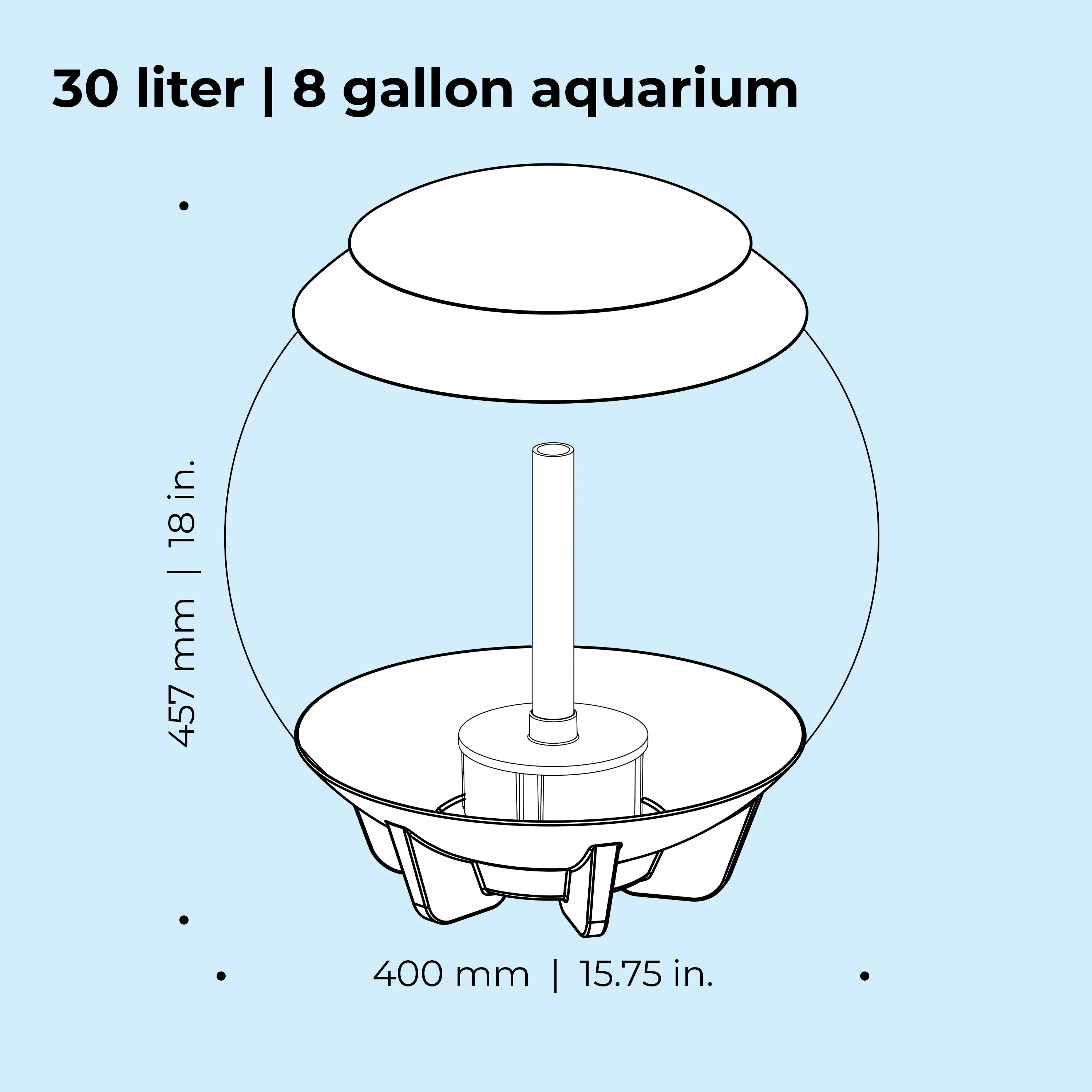 HALO 30 Aquarium with MCR Light - 8 gallon, 30 liter dimension chart