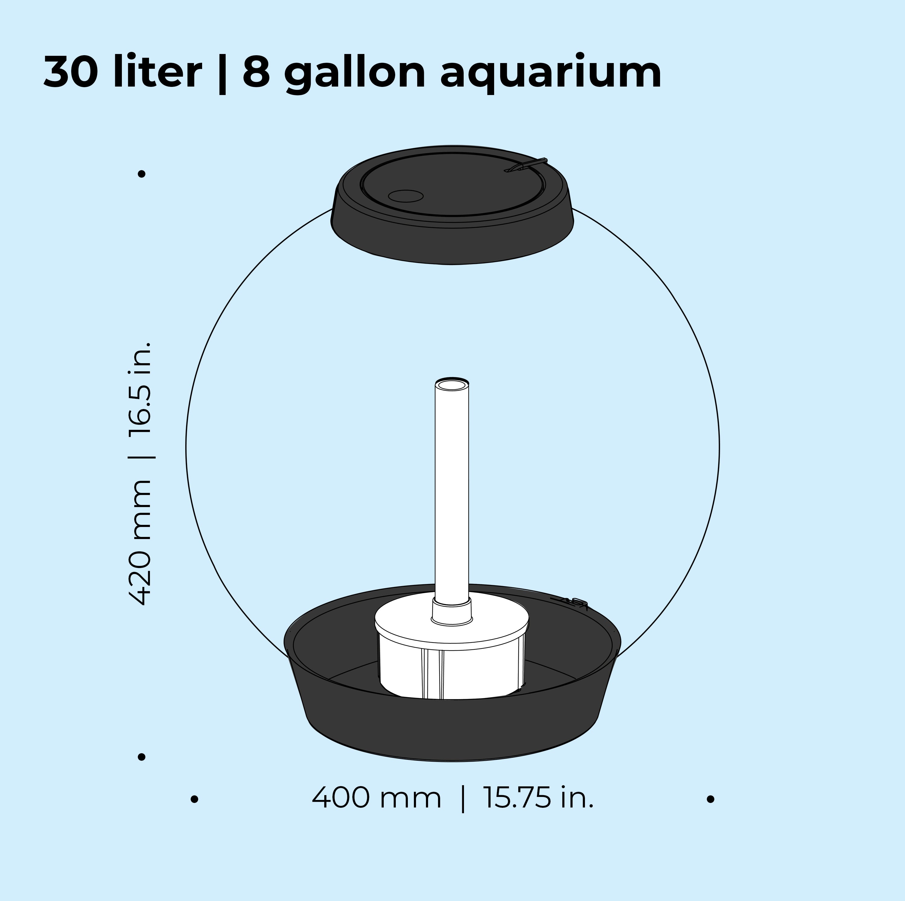 CLASSIC 30 Aquarium with Standard Light - 8 gallon, 30 liter dimension chart