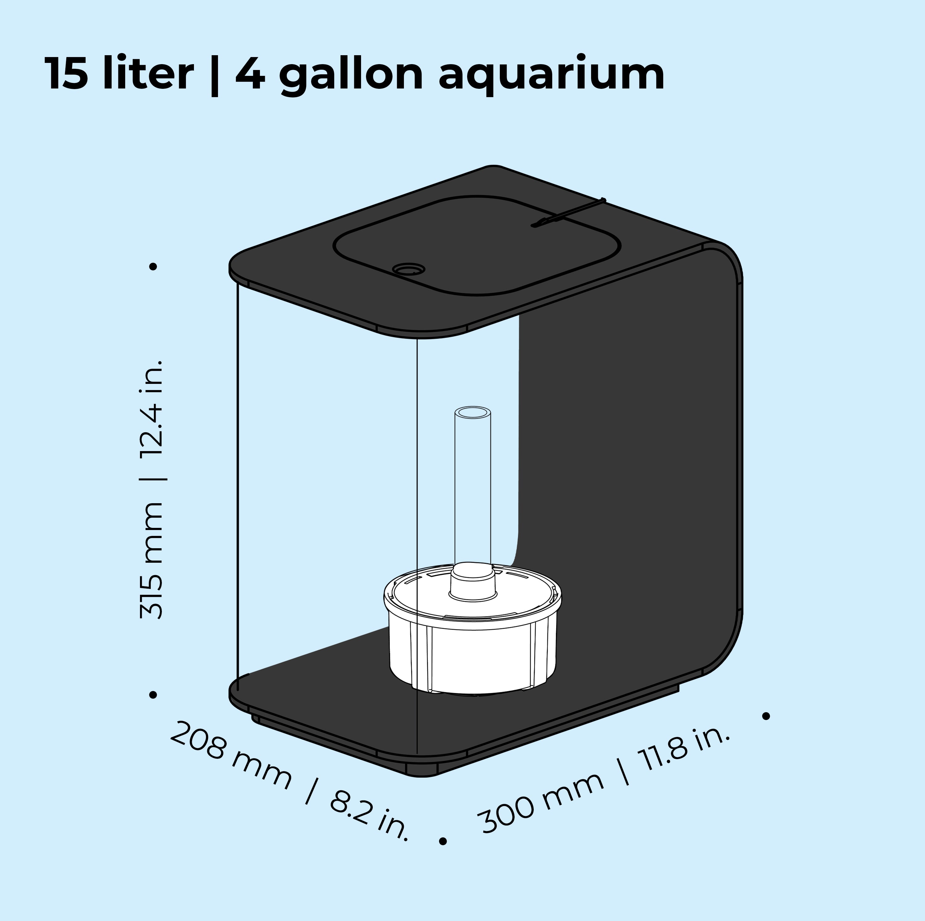 FLOW 15 Aquarium with Standard Light - 4 gallon, 15 liter dimension chart