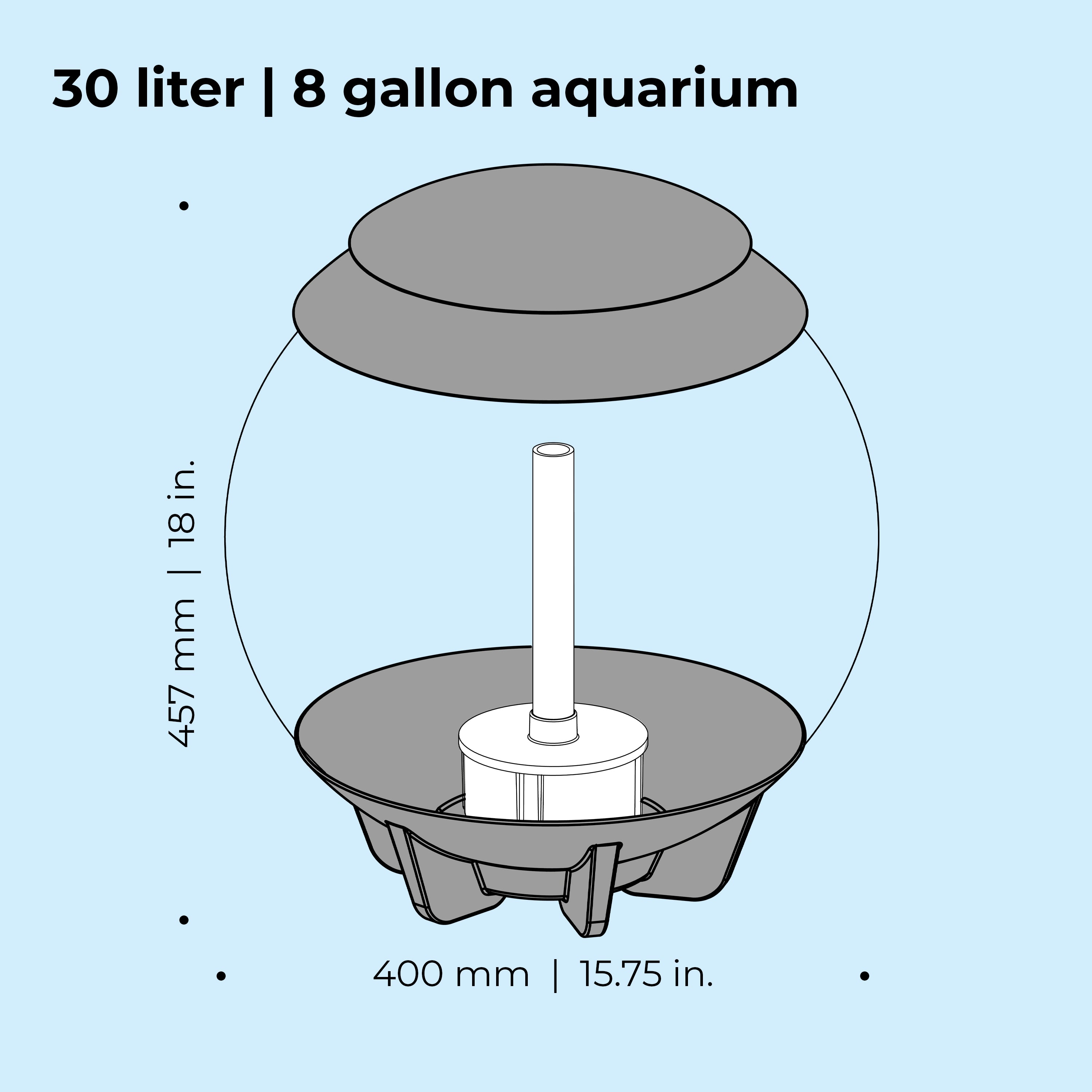HALO 30 Aquarium with MCR Light - 8 gallon, 30 liter dimension chart