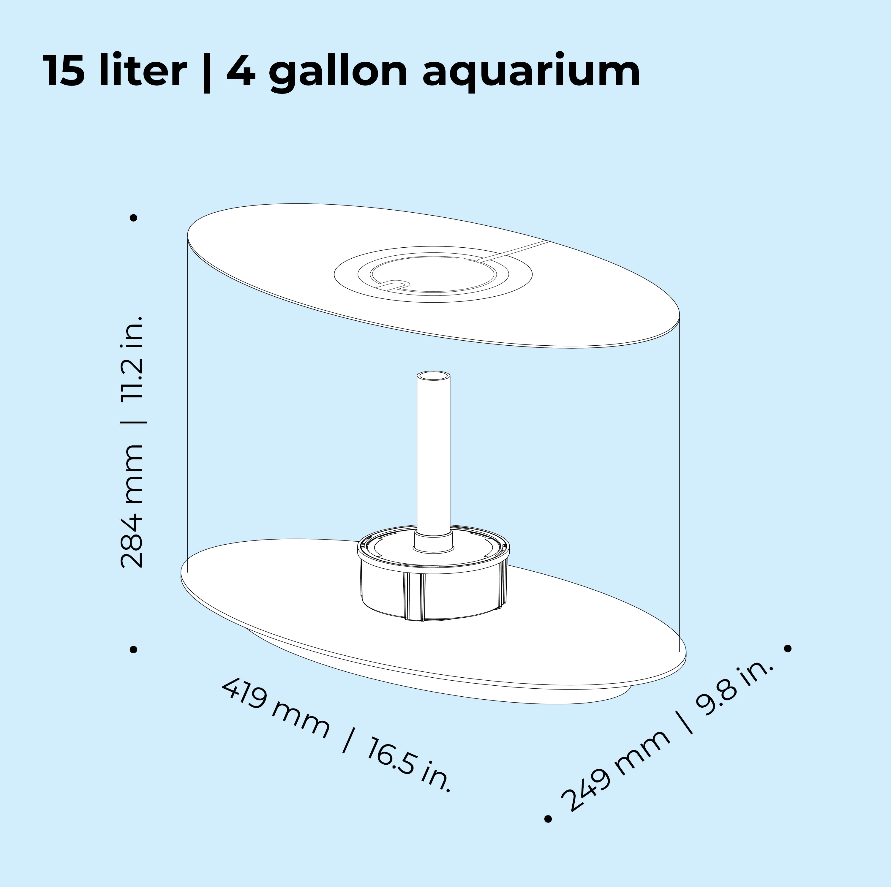LOOP 15 Aquarium with MCR Light - 4 gallon, 15 liter dimension chart