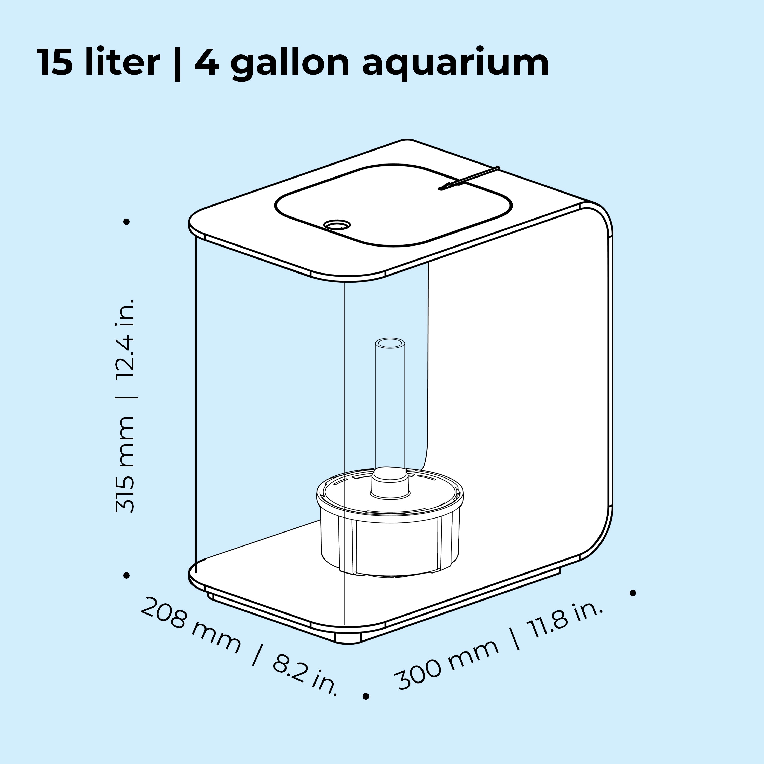 FLOW 15 Aquarium with MCR Light - 4 gallon, 15 liter dimension chart