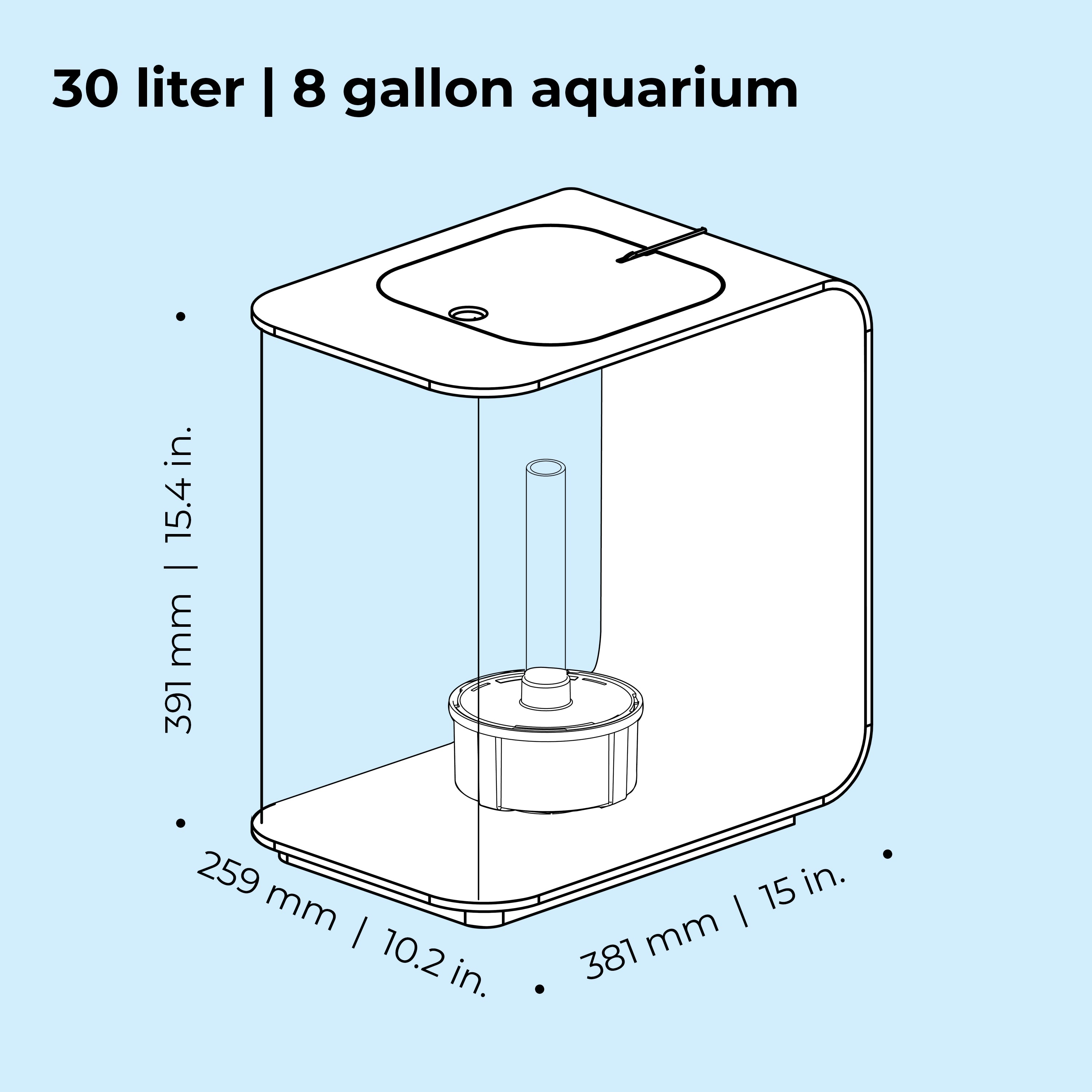 FLOW 30 Aquarium with Standard Light - 8 gallon, 30 liter dimension chart