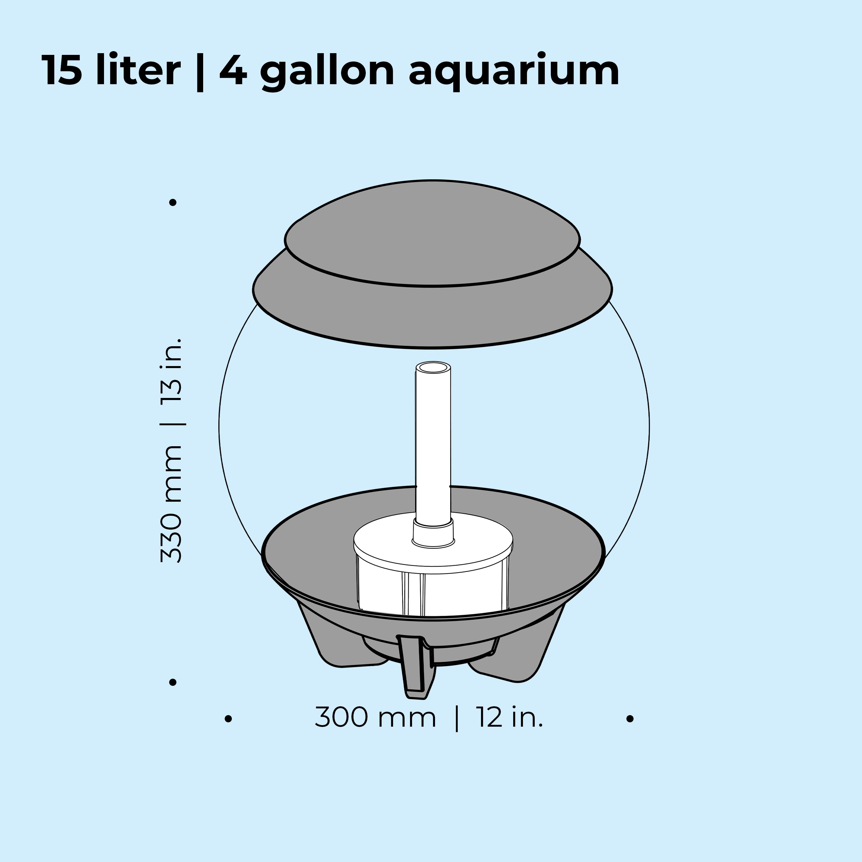HALO 15 Aquarium with MCR Light - 4 gallon, 15 liter dimension chart