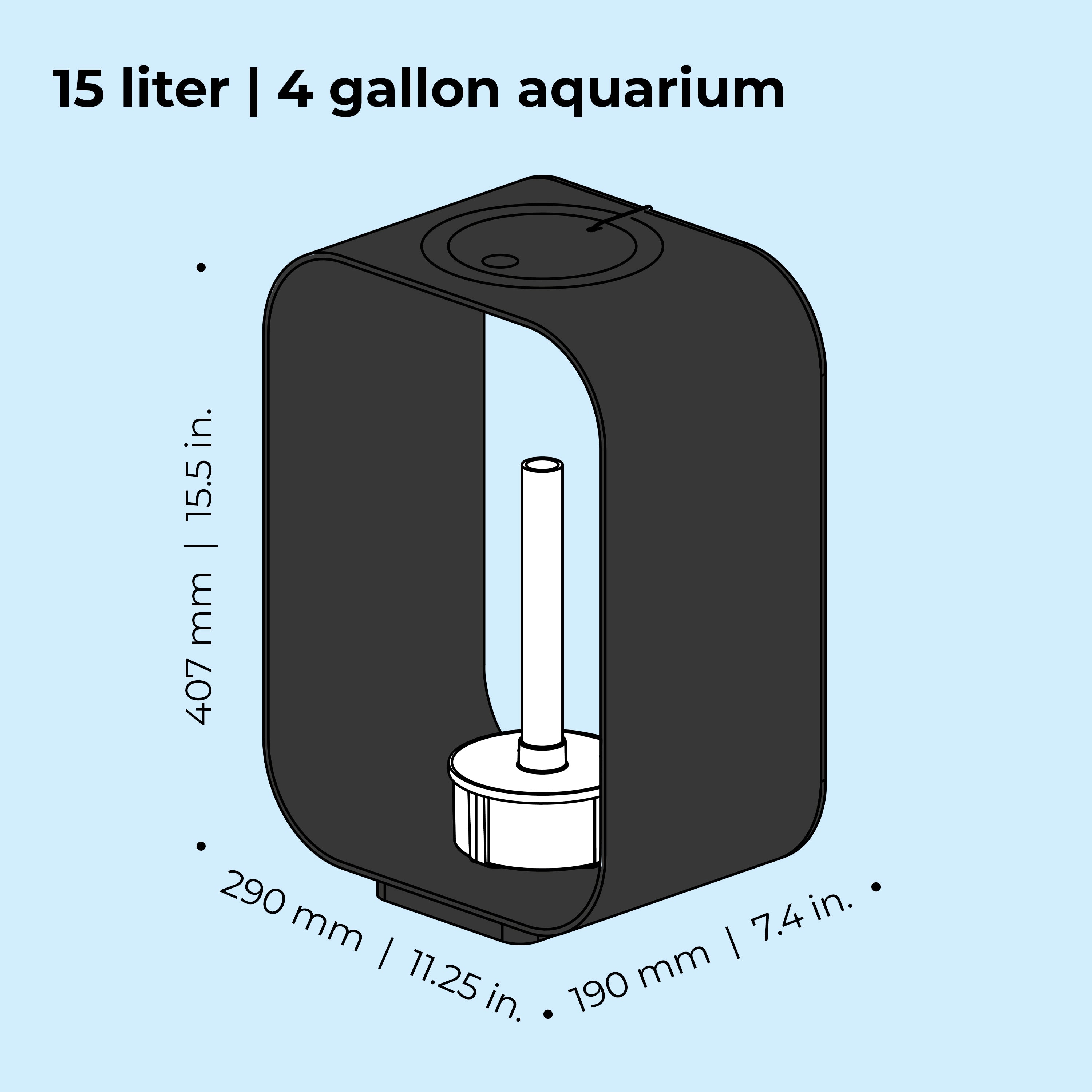 LIFE 15 Aquarium with Standard Light - 4 gallon, 15 liter dimension chart
