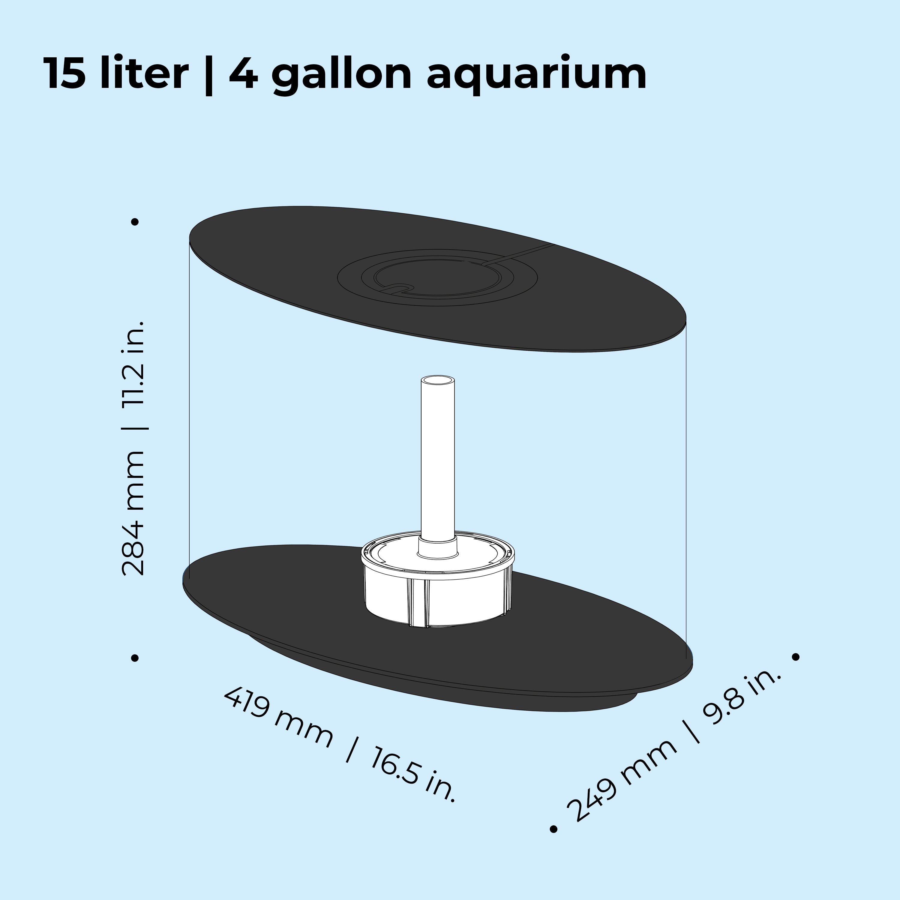 LOOP 15 Aquarium with MCR Light - 4 gallon, 15 liter dimension chart
