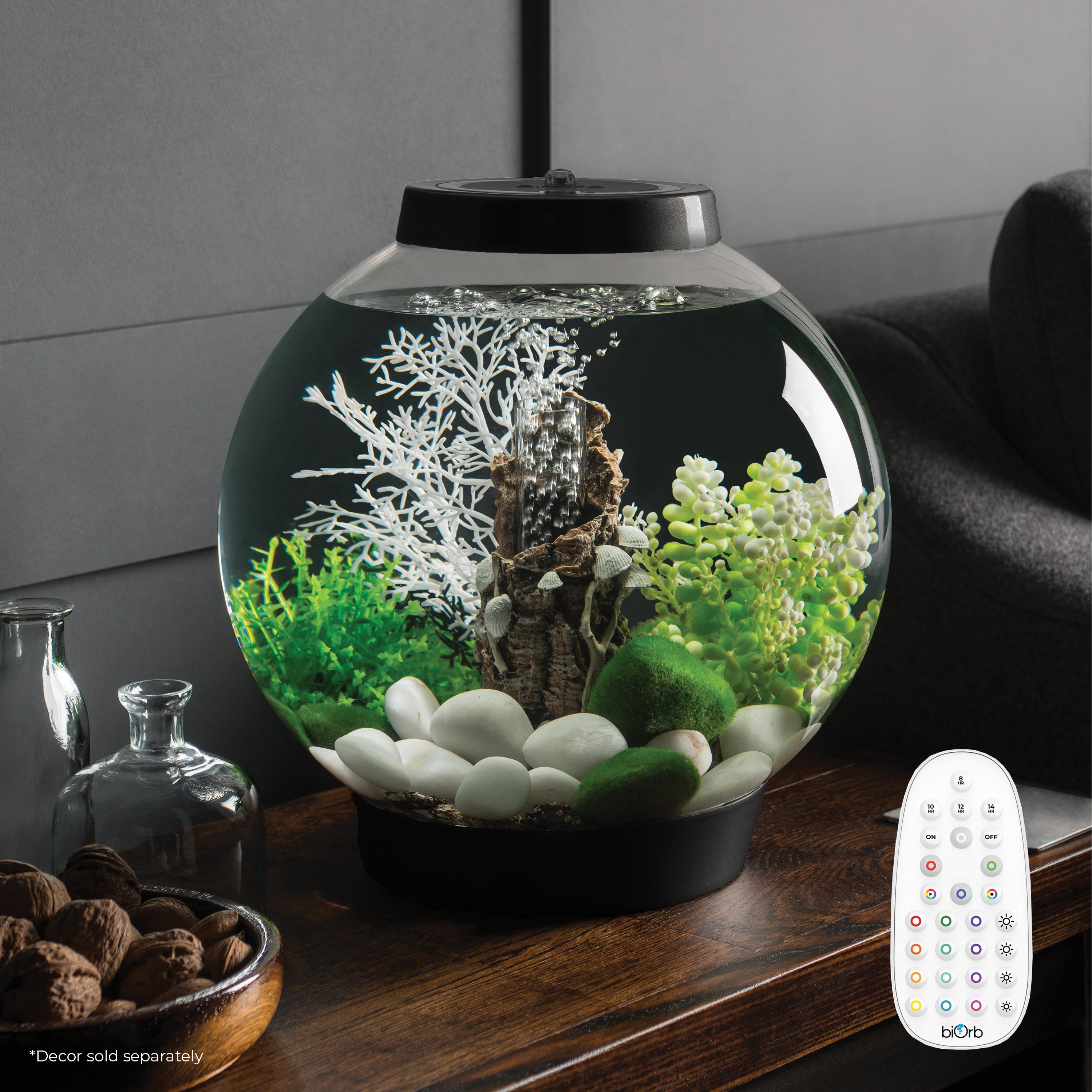 Get inspiration for your aquarium design by using CLASSIC 15 Aquarium with MCR Light - 4 gallon in black that features remote