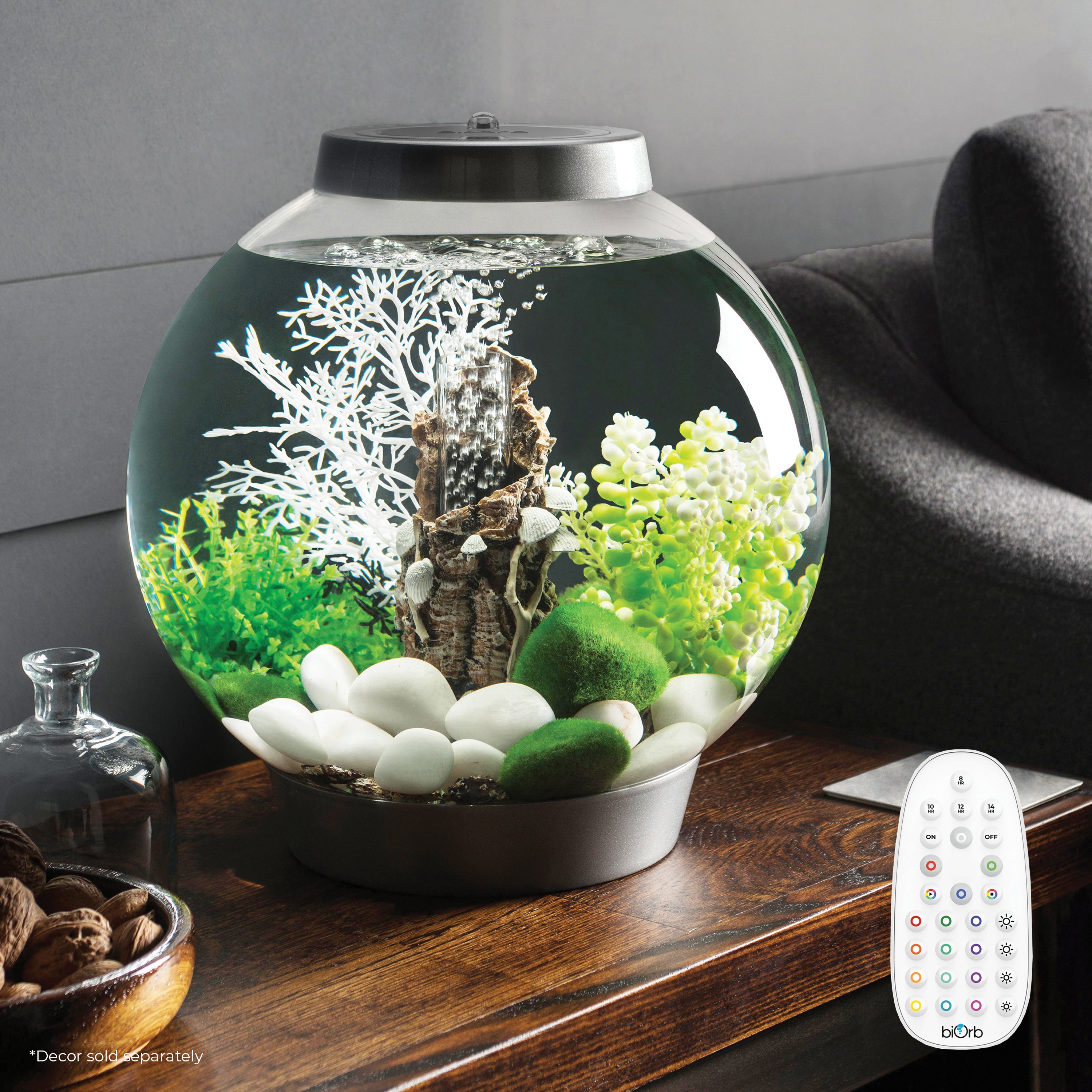 Get inspiration for your aquarium design by using CLASSIC 15 Aquarium with MCR Light - 4 gallon in silver that features remote