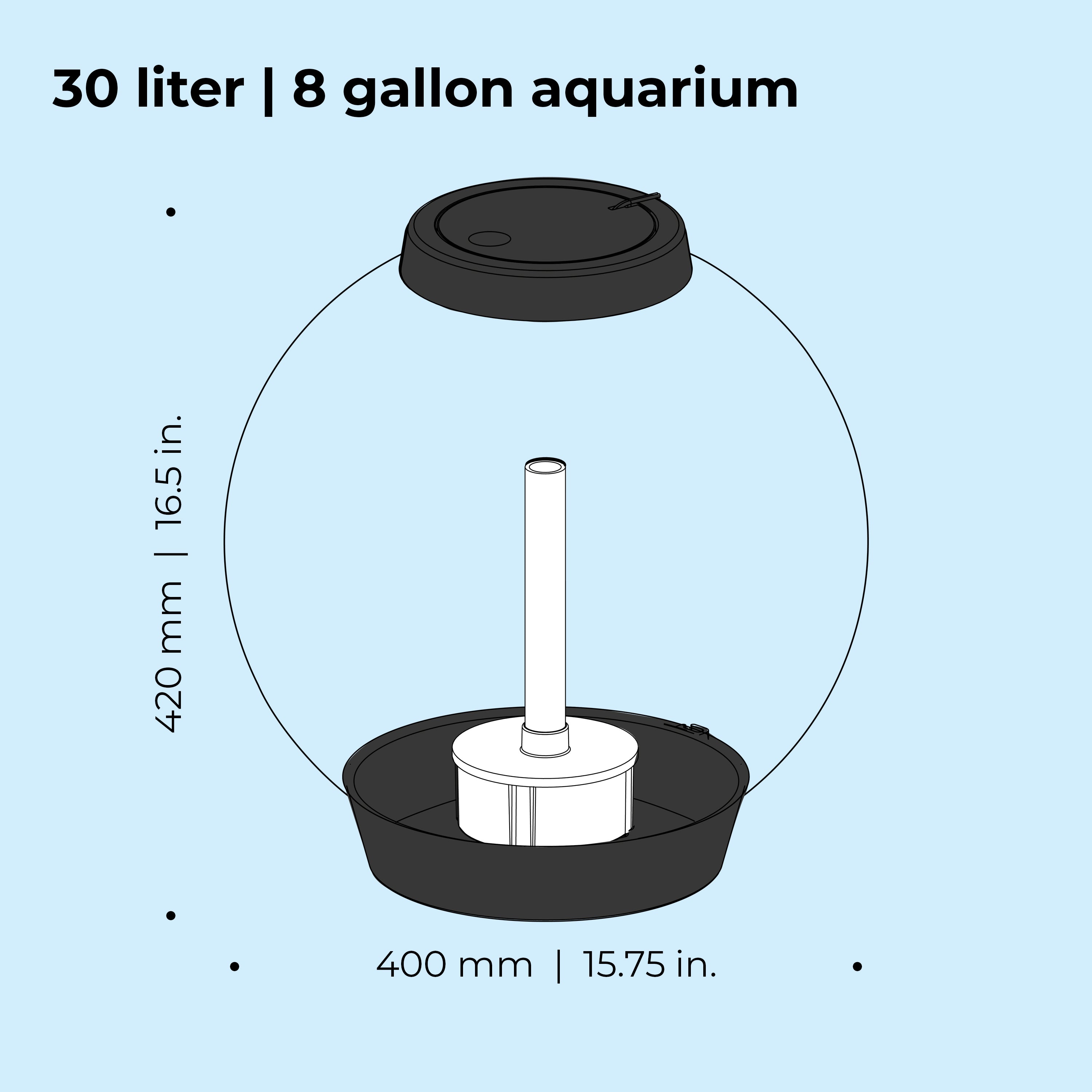 CLASSIC 30 Aquarium with Standard Light - 8 gallon, 30 liter dimension chart