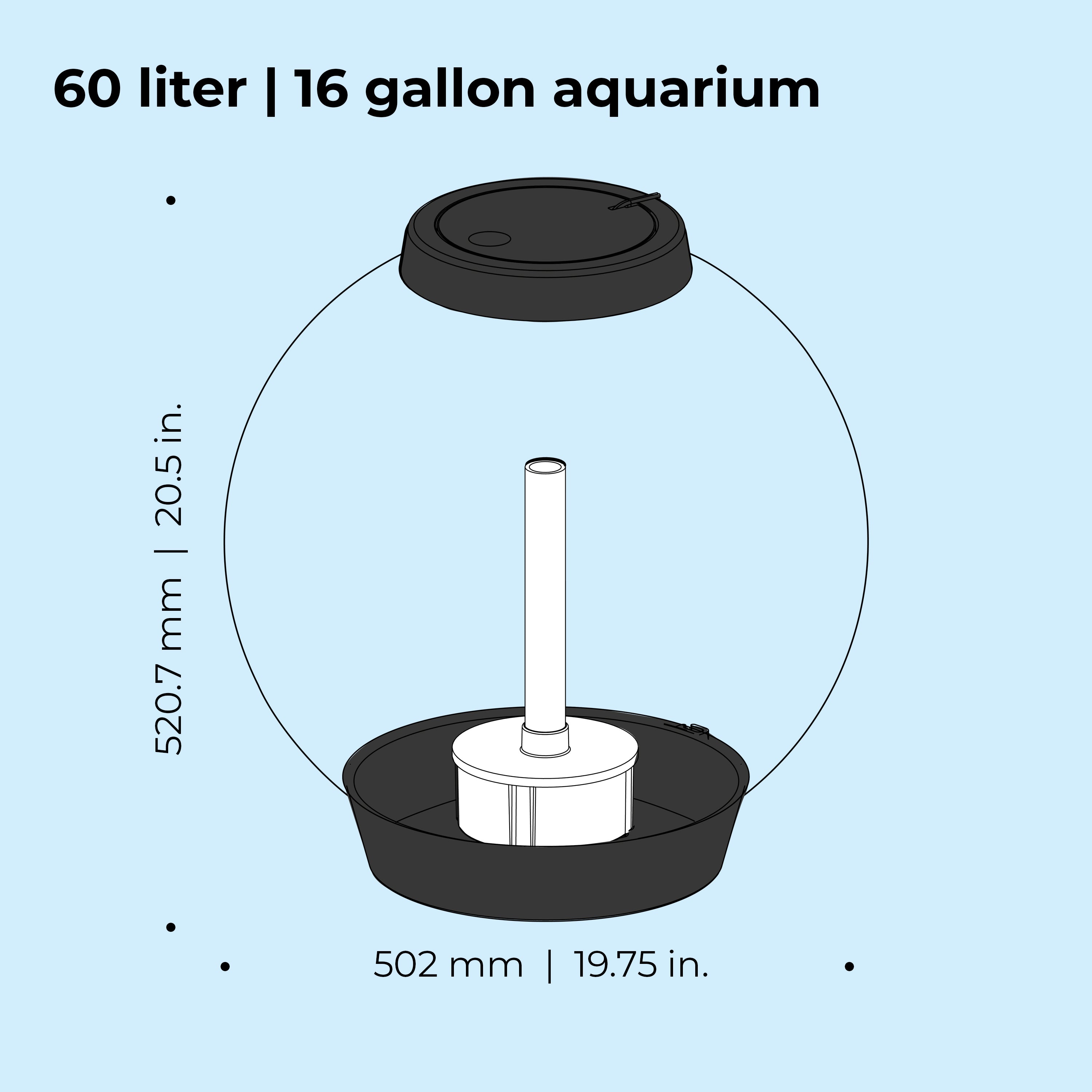 CLASSIC 60 Aquarium with Standard Light - 16 gallon, 60 liter dimension chart