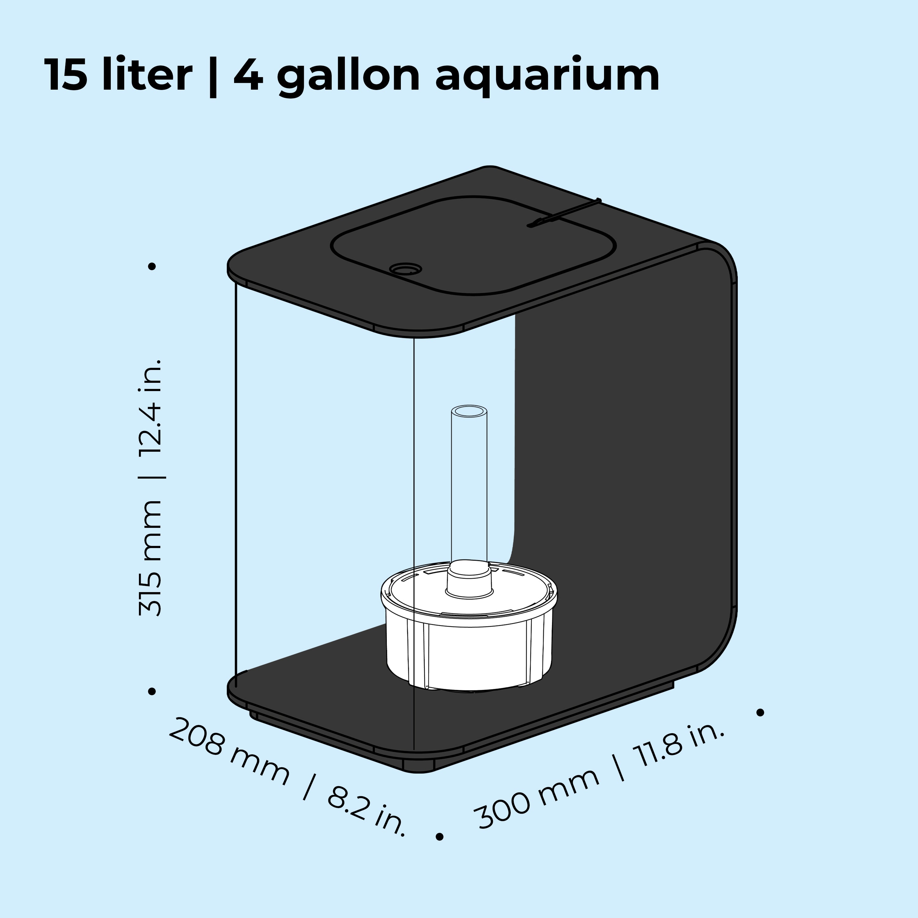 FLOW 15 Aquarium with Standard Light - 4 gallon, 15 liter dimension chart