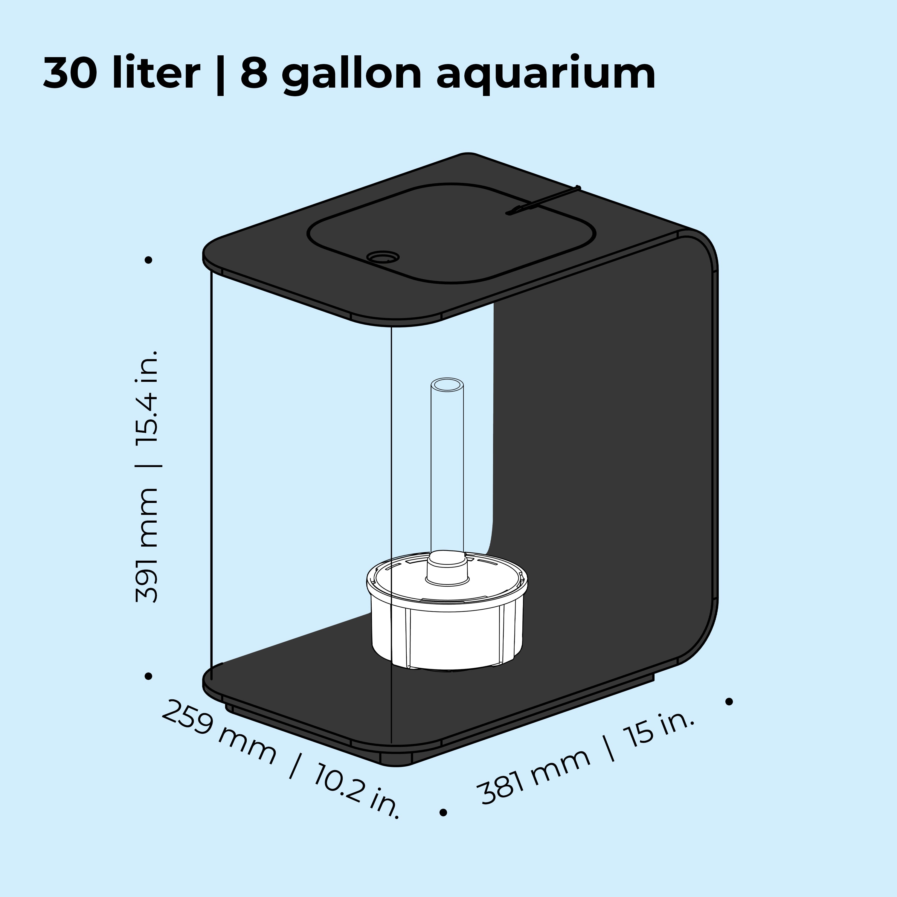 FLOW 30 Aquarium with Standard Light - 8 gallon, 30 liter dimension chart