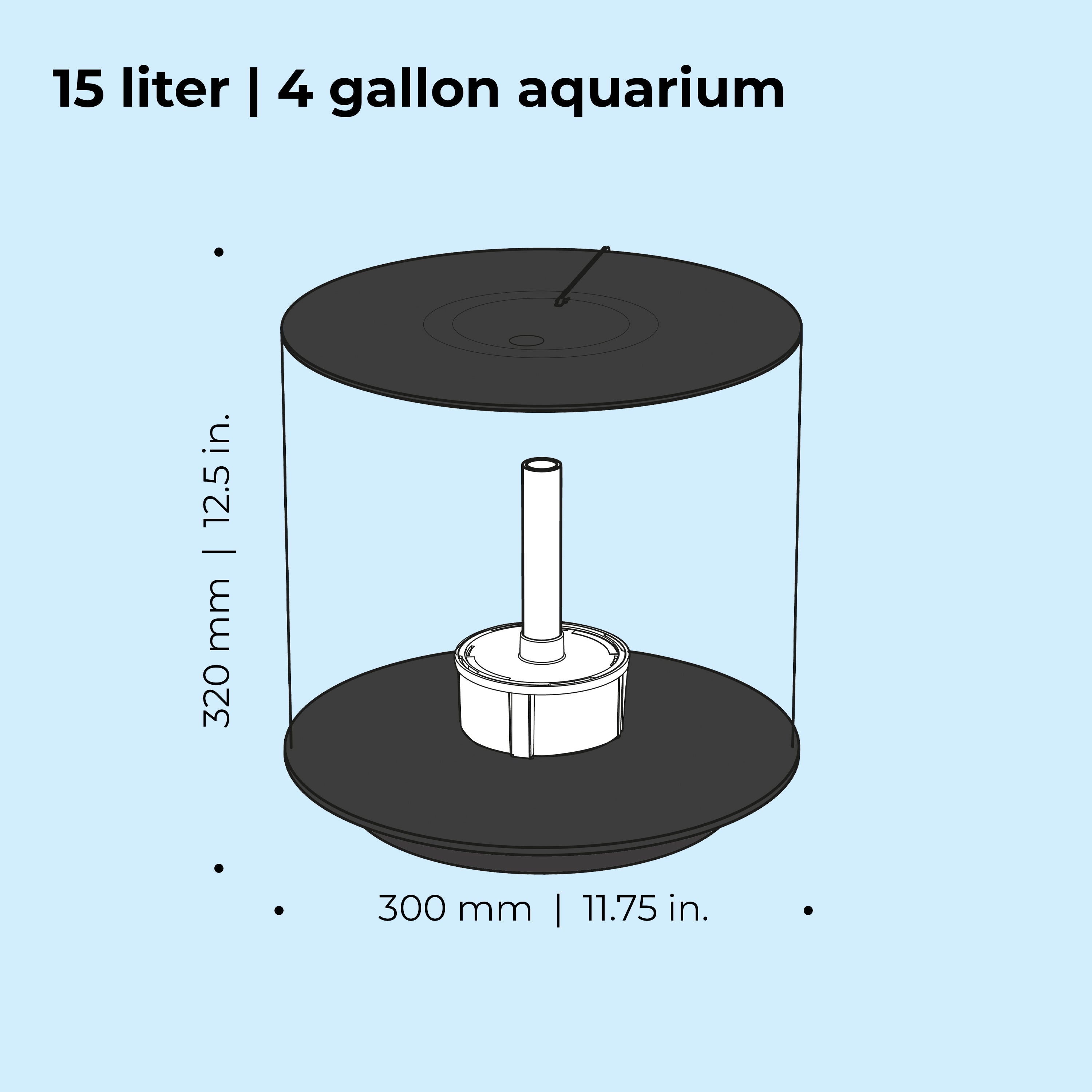 TUBE 15 Aquarium with MCR Light - 4 gallon, 15 liter dimension chart