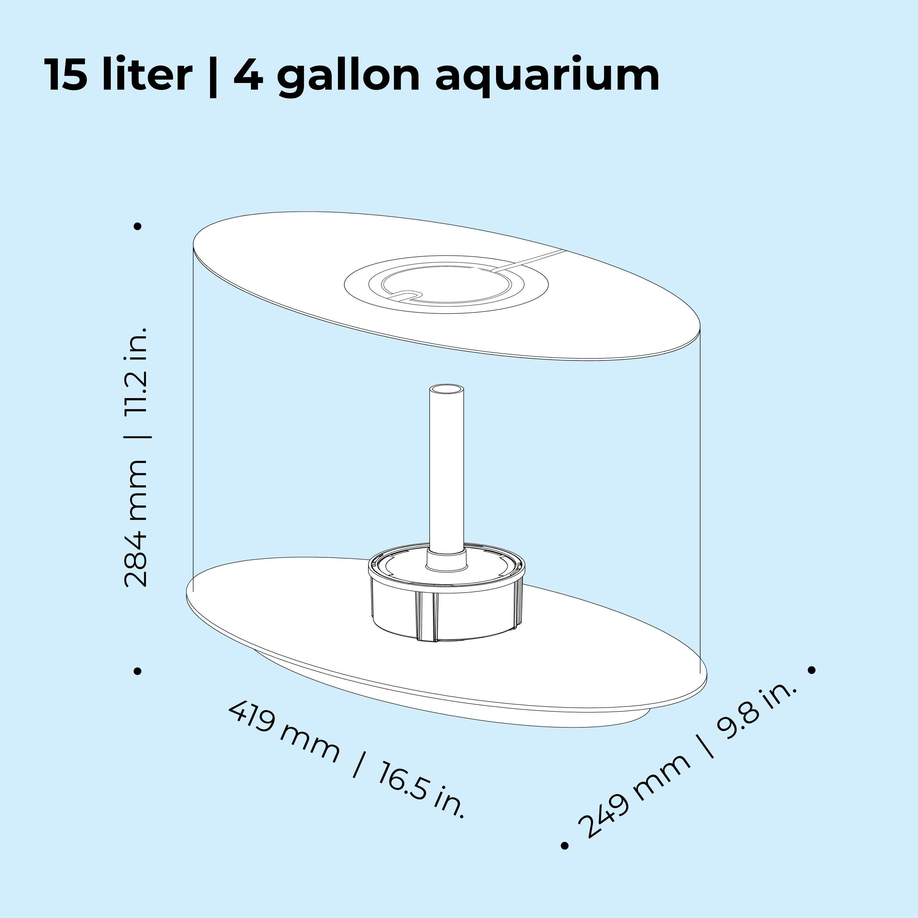 LOOP 15 Aquarium with Standard Light - 4 gallon, 15 liter dimension chart